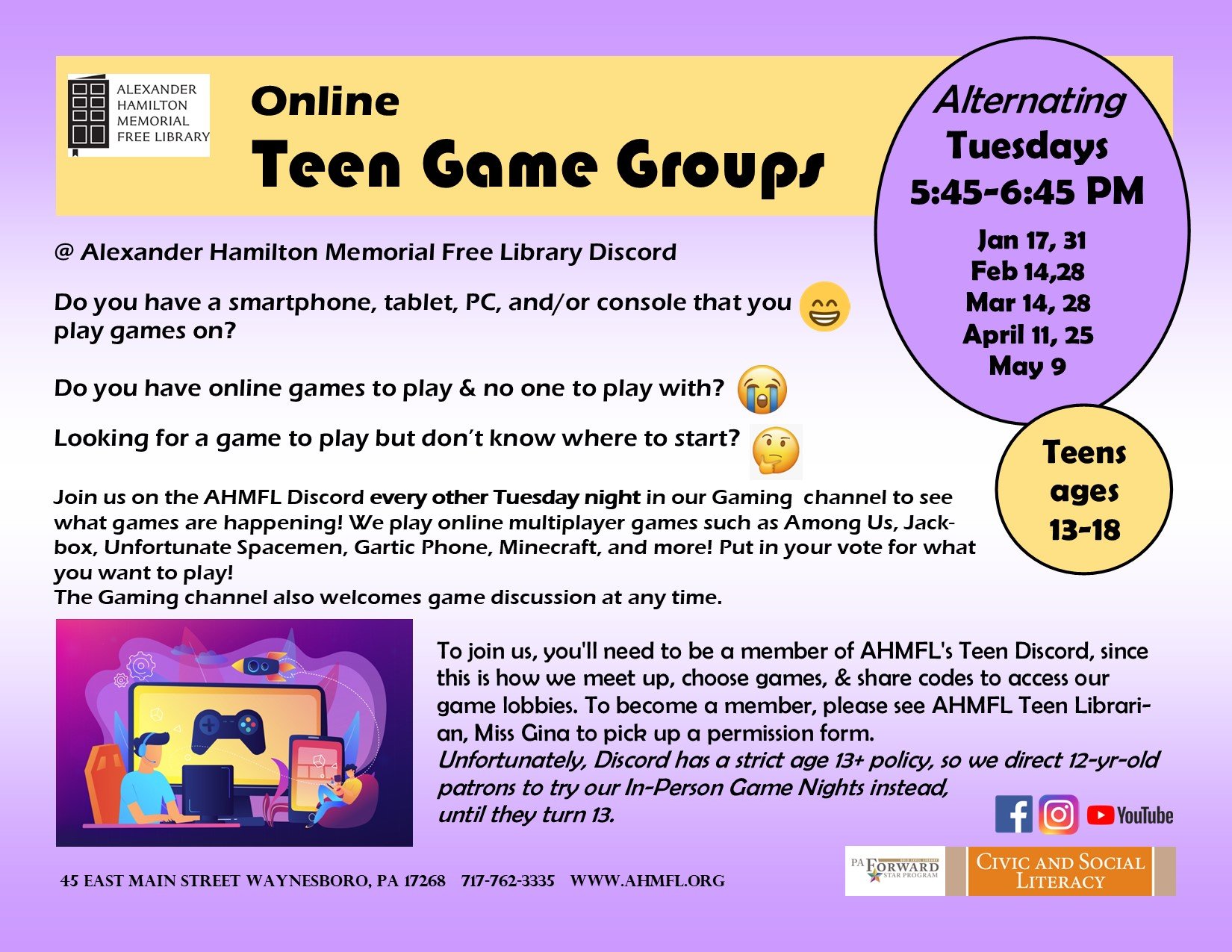 Teen Game Night - Online — Alexander Hamilton Memorial Free Library